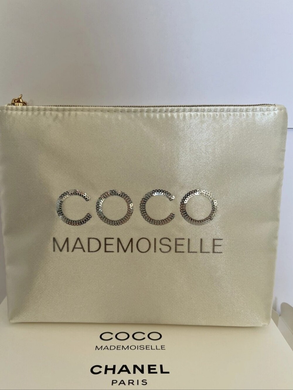 CHANEL Pearl Cream Coco Mademoiselle Satin Cosmetic Pouch New In Box